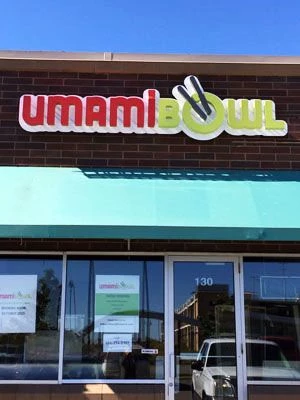 Exterior lit channel sign for the restaurant Umami Bowl in Apple Valley, MN